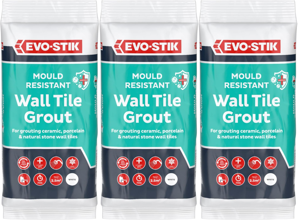 3x Evo-Stik Wall Tile Grout Ceramic Porcelain Stone Mould Resistant 1.5kg WHITE