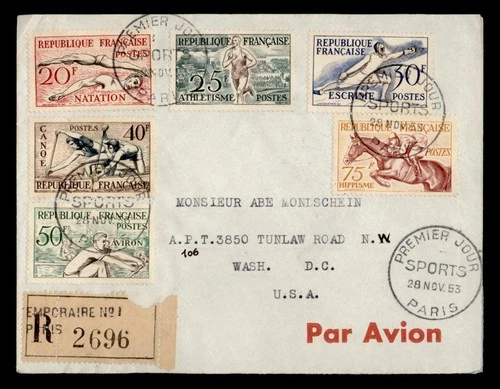 DR WHO 1953 FRANCE FDC SPORTS COMBO REGISTERED M76975
