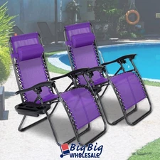 2PC Purple Zero Gravity Chair Folding Outdoor Patio Recliner Mesh Holder Tray