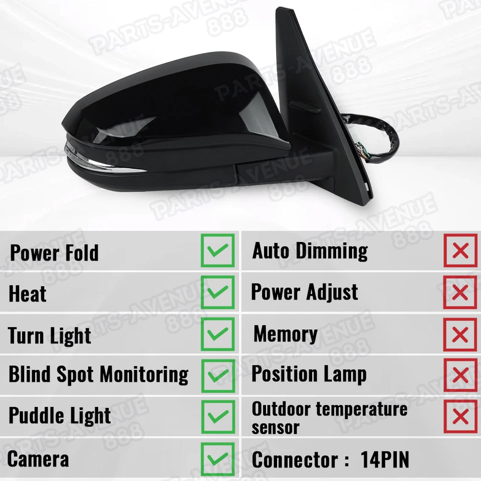 Espejo retrovisor lateral derecho con punto ciego de cámara para Toyota 4Runner 2014-2023 negro 14 pines Foto 3 de 4