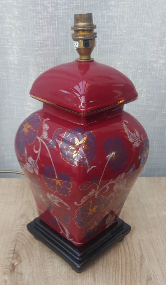 Vintage Table Lamp Large Ceramic Burgundy Red Floral Table Bedside Lamp Light - Image 2 of 4