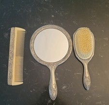 VINTAGE Victorian Vanity Set-Brush Comb Mirror-Silver Plated-complete SILVER