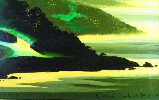Eyvind Earle Original Painting Acrylic on board 1997 Meadowed Coastline Signed Foto 2 de 4