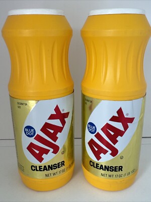 2 Vintage Yellow Bottles of Ajax Bath Cleanser Blue Dot 1960s -17oz Each SEALED