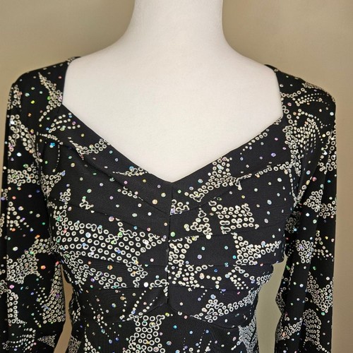 Vintage dressbarn Black Floral Babydoll Top Women's Medium Sequin Whimsigoth Y2K - Picture 2 of 9