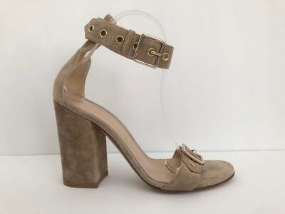Authentic Gianvito Rossi Hayes Nude Suede Block Ankle-Strap 100mm Heels Size 38