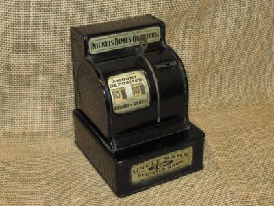 Vintage UNCLE SAM'S 3 COIN BANK ~ Durable Toy & Novelty Co ~ Blk ~ USA ~ WORKING