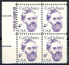 CARL SCHURZ ZIP Block of 4 MNH Scott's 1847 Various Plate Positions