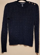 Ralph Lauren Aran Knit Cotton Blend Navy Blue Sweater Signature Crest Buttons PS