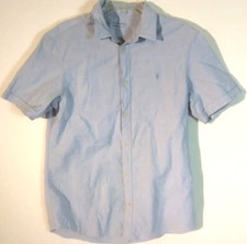 All Saints Sz M Medium Light Blue 100 Cotton Denim Short Sleeve Shirt STAINS