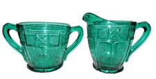 Jeannette Glass Ultramarine Doric & Pansy Reg Size Creamer & Open Sugar, RARE!