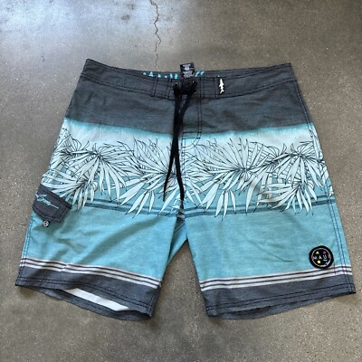 Maui & Sons black shark 4 way stretch board shorts blue & gray men's 36