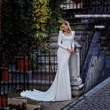 Long Sleeves Wedding Dresses Square Collar Mermaid Backless Button Bridal Dress