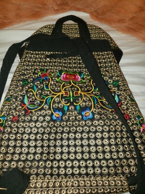 Woven Bohemian Embroidered Rose Backpack Black Trim  display picture 3