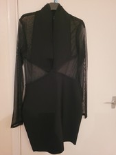 V Neck Long Mesh Sleeve Midi Bodycon Black Dress L