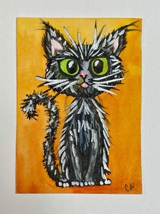 ACEO Original Artwork Card- Abstract Ink And Acrylic Black  Cat with spikes