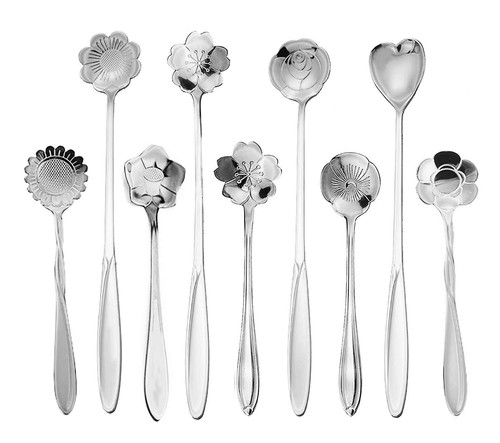 9 Pcs Flower Spoon Coffee Teaspoon Set, Stainless Steel Cute Tea Spoon for Dr...
