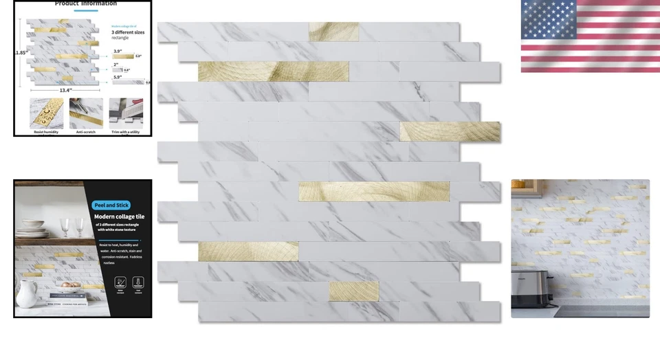 Juego de azulejos de salpicadero flexibles hágalo usted mismo pelar y pegar - pizarra blanca impermeable + dorado Foto 2 de 4