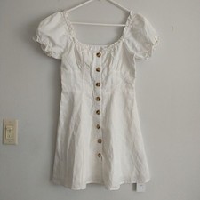 New Cider Mini Dress S Cream Linen Blend Ruffle Puff Milkmaid Babydoll Peasant