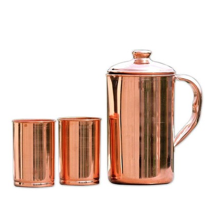 Pure Copper Handmade Jug Water Pitcher 1.5 L & 2 Glasses 300 ml Storage Freeship