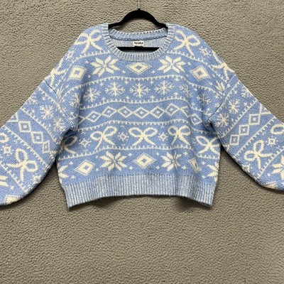 Arula Sweater Womens C Blue Fair Isle Snowflake Bow Cropped Boxy Heavyweight