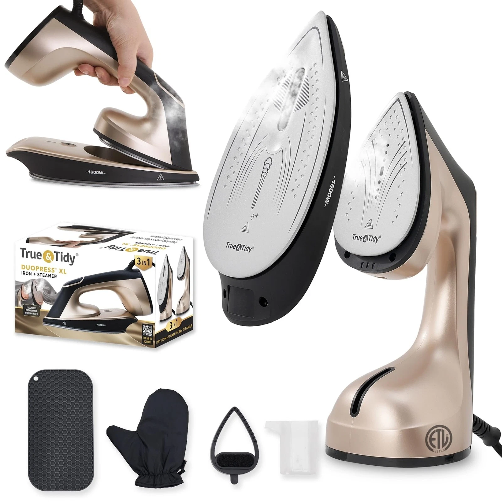 DuoPress XL 2-in-1 Clothes Steamer & Iron, 1600W Powerful Turbo Steam, Large ...