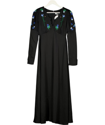 VIVETTA Black Satin Puff Sleeve Floral Embroidered Maxi Dress Fr38 UK 10