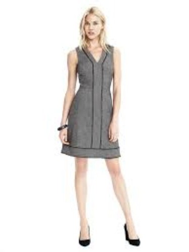 Banana Republic Grey Herringbone Fringe Wool Blend V Neck Dress Size 10 Tall