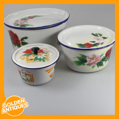 Vintage weiß Küche Kochen Essen Salat Metall Emaille Runde Schüsseln Deckel Teller Set