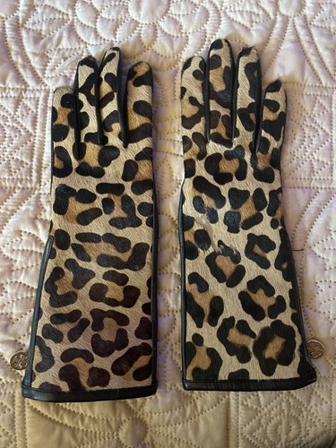 RARE Tory Burch $325 Cashmere & Real Calf Fur Leopard Zip Leather Gloves Sz 6.5