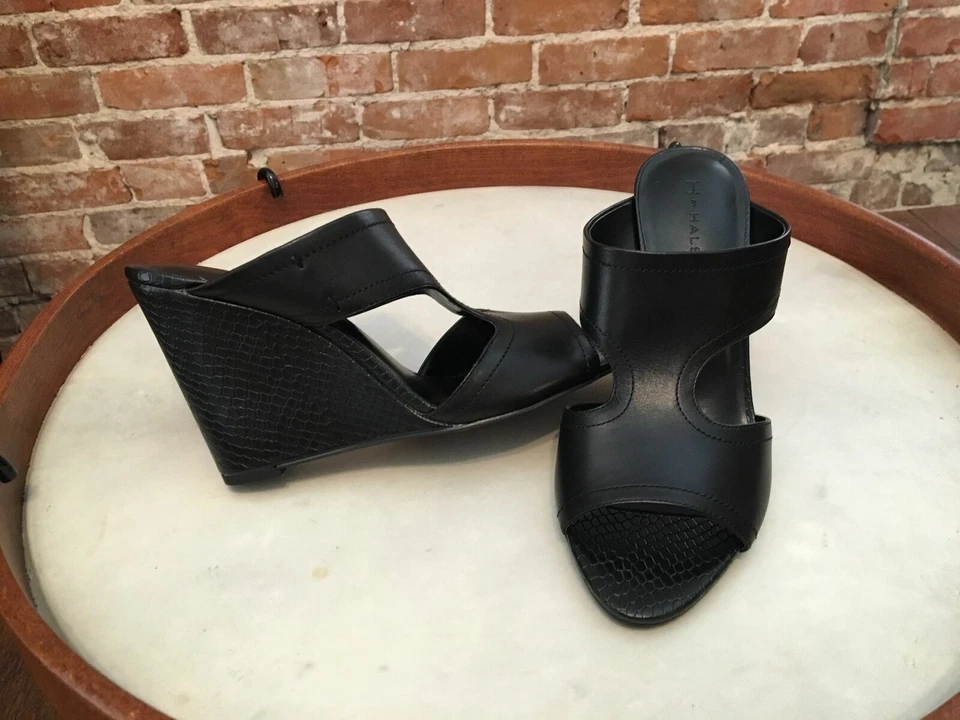 H by Halston Open-Toe Cut-Out Leather Mules | Holly Black | 9M - Image 3 of 4