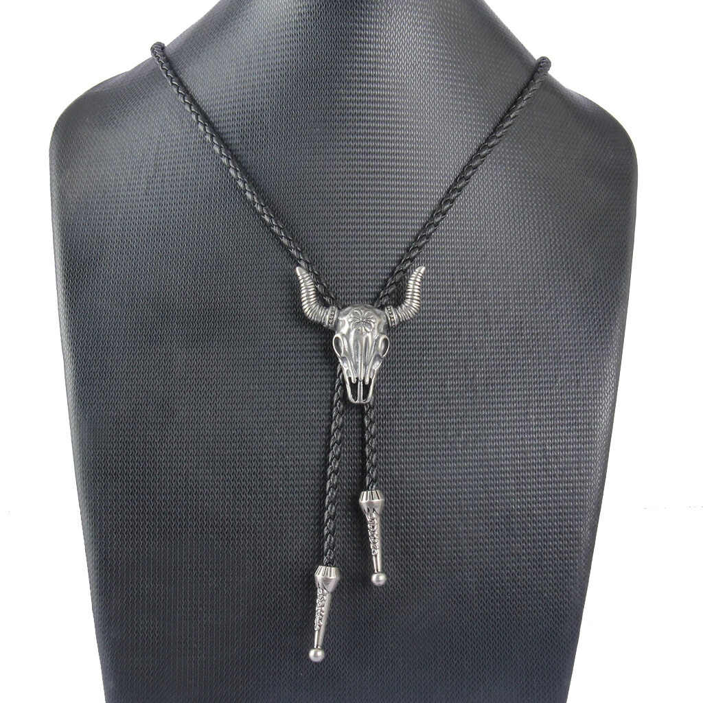 Fashion Western Longhorn Cow Skull Leather Bolo Tie Necktie Antique Silver