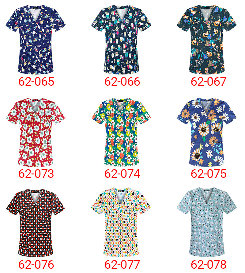 Plus Size Scrub Tops Unisex 100% Cotton Printed Scrub Top - Short Sleeve V- Neck Medical Nurse Shirt Print Scrub Tops Women - Foto 4