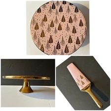HTF CIROA pink & gold retro Christmas Tree cake / pastry stand / matching server