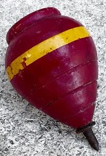 Vintage Wood Spinning Toy Top Red Yellow Stripe Metal Tip