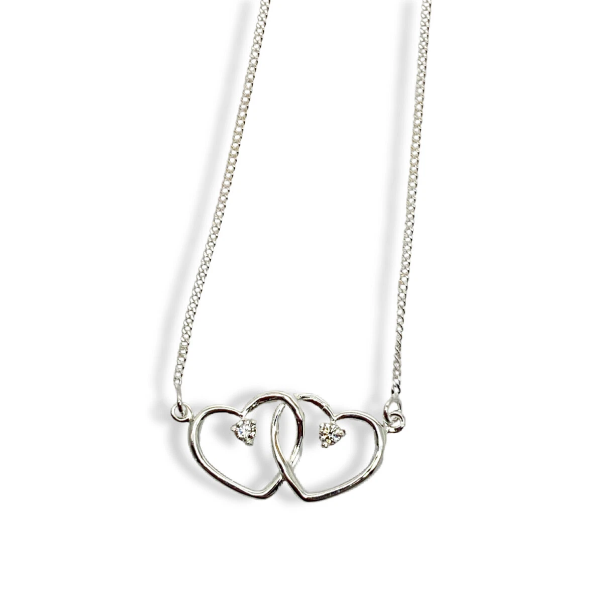 White Gold Finish Created Diamond Double Heart Friendship Pendant With Necklace