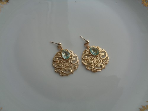 Gold Earrings, Gold Filled, Gold Plated, Filigree, with Crystal - Picture 10 of 11