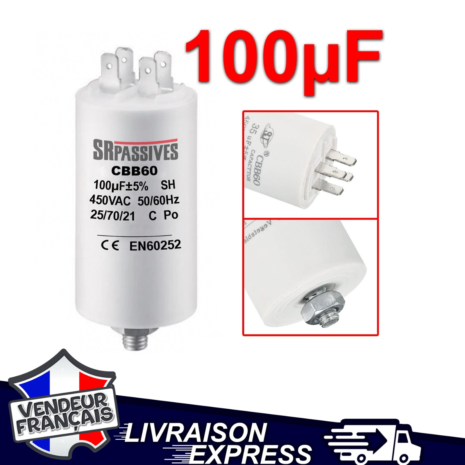 Condensateur CBB60 100uF 450V pour démarrage moteur permanent à cosses réference 841 831