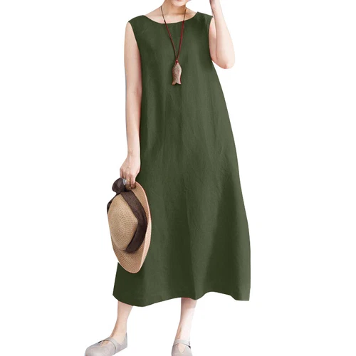 Langes ärmelloses Baumwoll-Leinen-Damenkleid Sommer Strand Freizeit Kaftan Kleid - Bild 13 von 17