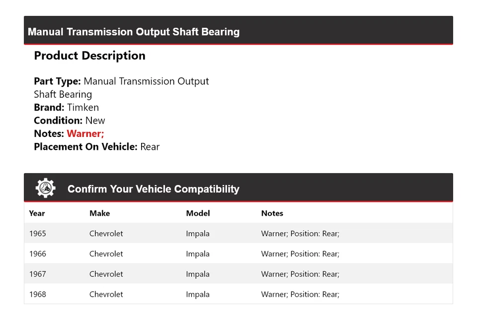 Задний подшипник вала ручной коробки передач для Chevrolet Impala 1965-1968 годов выпуска Timken - Изображение 2 из 4