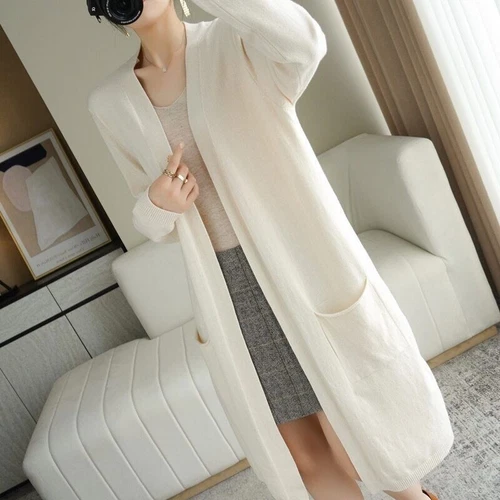 Damen Kaschmir Strickjacke Herbst Lang Strick V-Ausschnitt Wolle Mäntel Mittellang - Bild 13 von 26