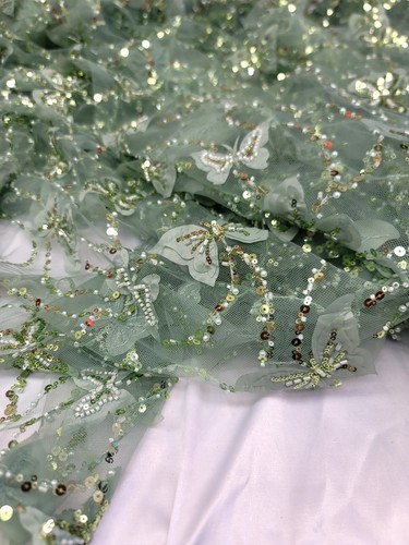 3D Butterfly Design Lace Sage Embroidered Sequins Fabric Sold By Yard For Dress - Picture 3 of 13