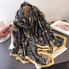 Elegant Black Gold Paisley Silk Feel Scarf Shawl Large Square Vintage Style