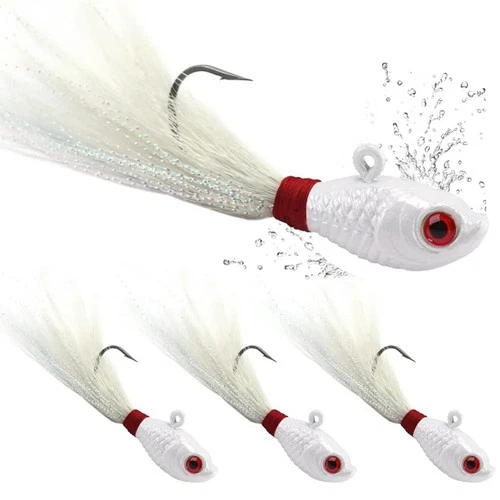 Lot 3pcs Bucktail Jigs Head Fishing Lure Striper Fluke Bass Trout Bait Saltwater