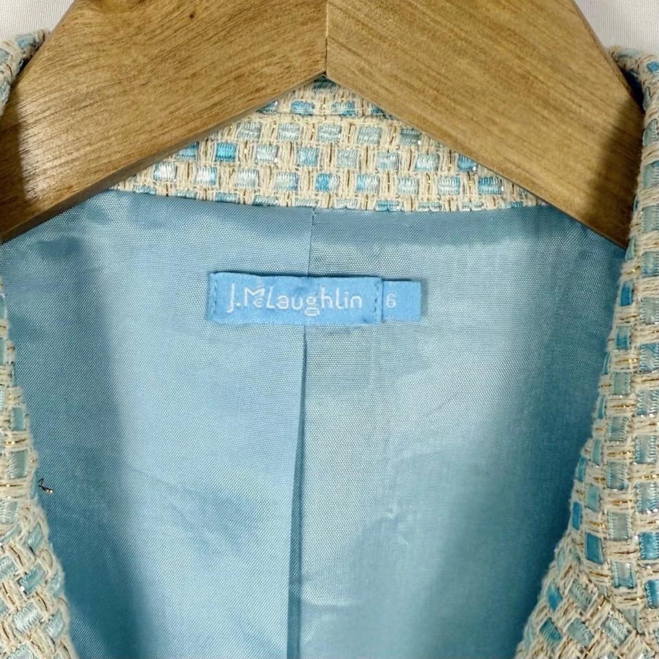 J. McLaughlin Women’s Tweed Lurex Blazer Jacket Size 6 Blue Cream Metallic - Image 3 of 4