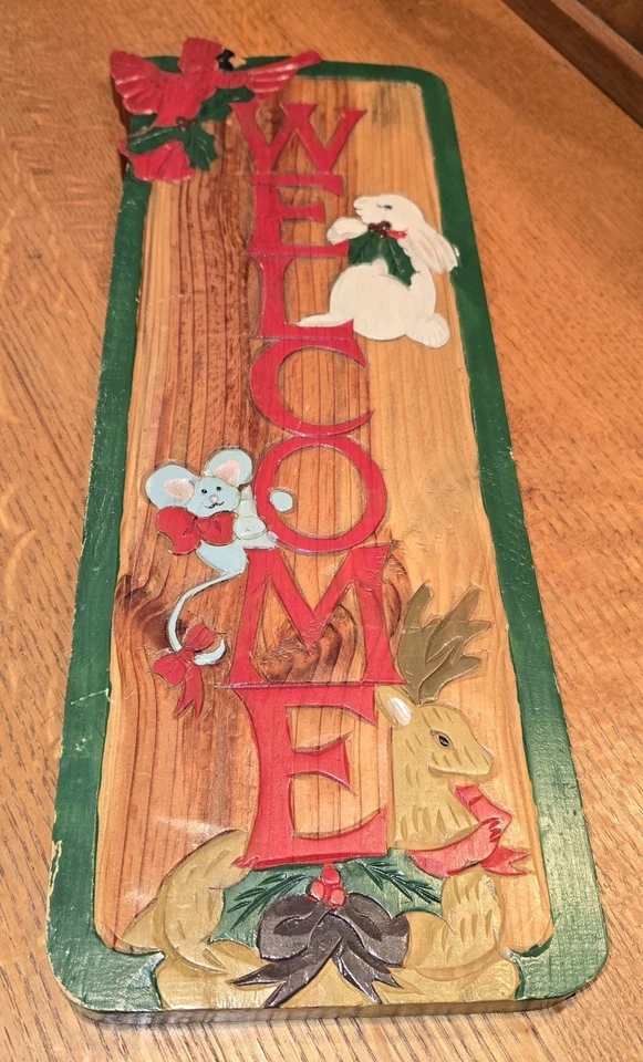 Handcraft Wood Christmas Welcome Sign Redbird Rabbit Deer Mouse Folk Art Rustic - Image 4 of 4