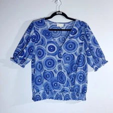 Melloday Blue Geometric Print Surplice Blouse XL Boho Stretch Waist Top