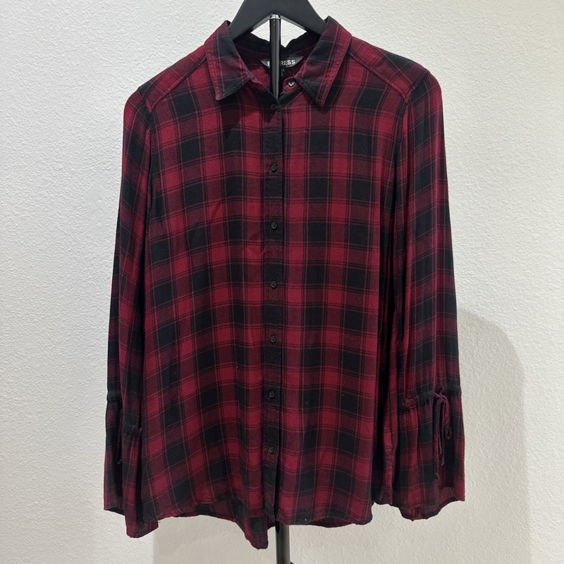 Womens Express Red Black Plaid Tie Sleeves Button Down Shirt Top Blouse Medium