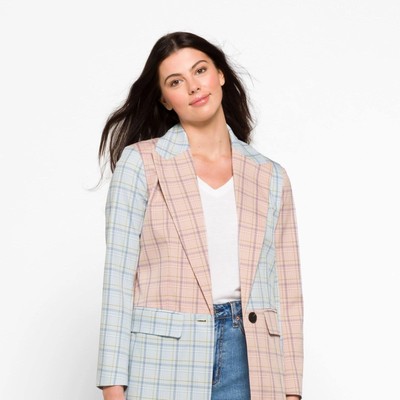 AVEC LES FILLES PINK BLUE TWO TONED PLAID BLAZER JACKET SIZE M