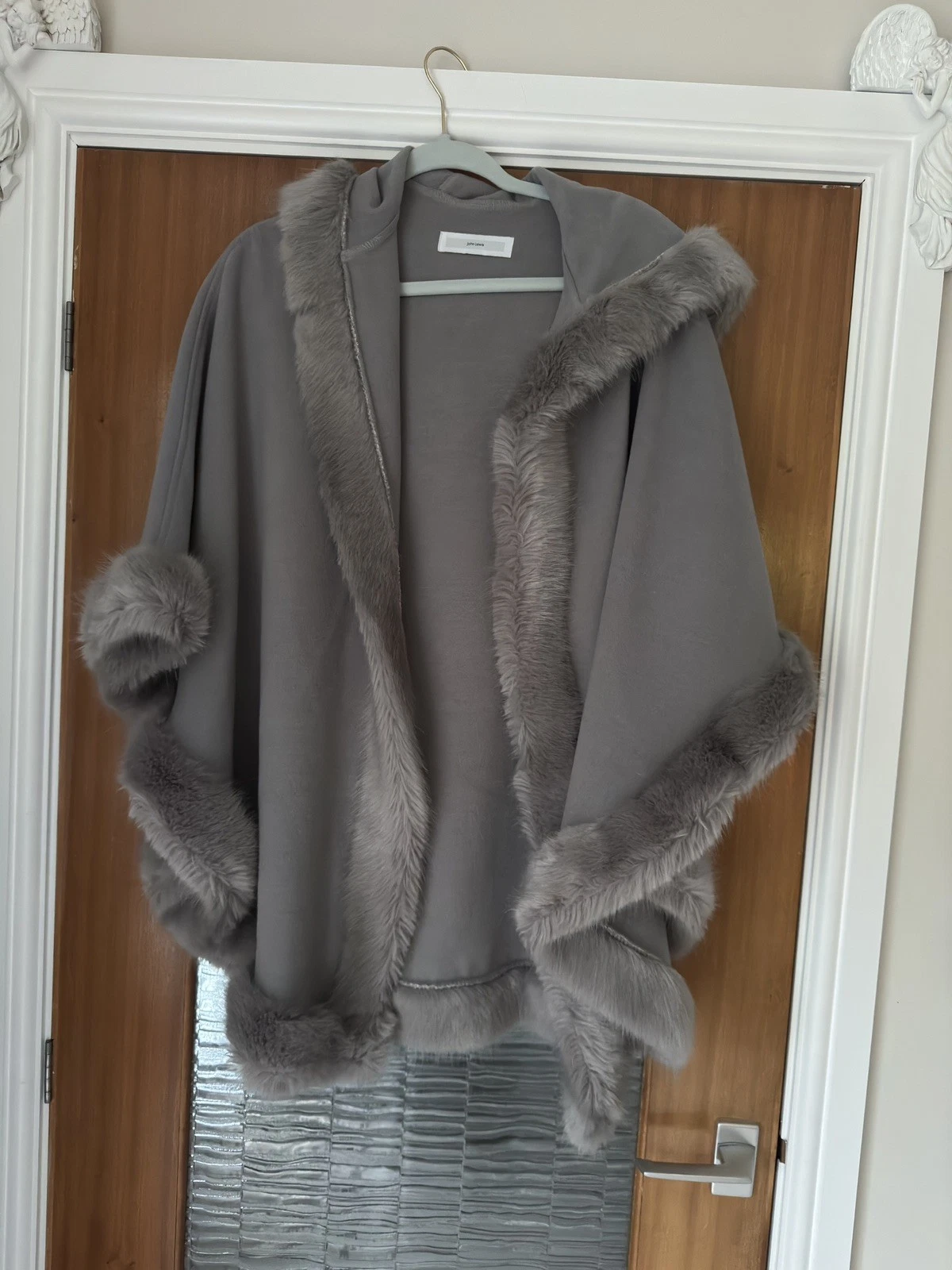 JOHN LEWIS GREY PONCHO WITH FAUX FUR AND HOOD ONE SIZE NEW NO TAGS